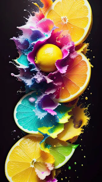 Abstract background, lemon in splashes of paint and juice. neon color. Flying Lemon slices. Illustration.