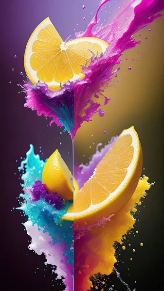 Abstract background, lemon in splashes of paint and juice. neon color. Flying Lemon slices. Illustration.