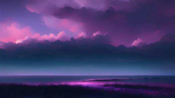 Evening dark landscape with sakura on the seashore