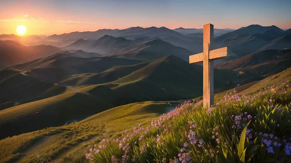Religious Cross on the mountain at sunset. Landscape with flowers and a cross.