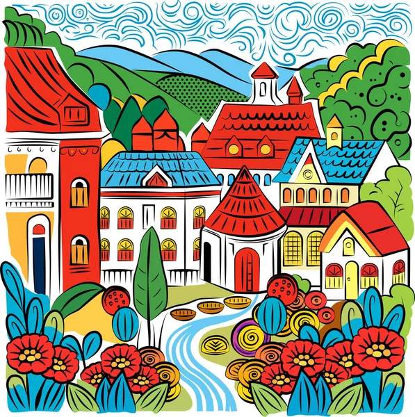 Ilustracja Doodle Cute Europejskich Domów — Wektor stockowy