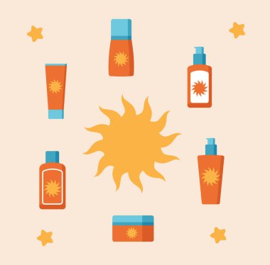 Güneş kremi sürmüş, plajda şapka takan mutlu bir kız. Parlak, 2d yazı..