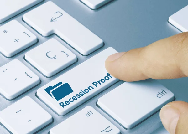 Recession Proof Written Blue Key Metallic Keyboard Finger Pressing Key — Stockfoto