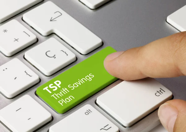 Tsp Thrift Savings Plan Written Green Key Metallic Keyboard Finger Foto Stock