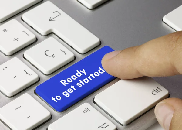 Ready Get Started Written Blue Key Metallic Keyboard Finger Pressing — Stock Photo, Image