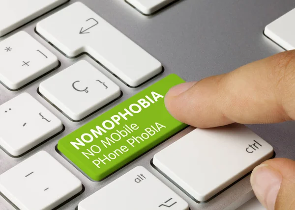 Nomofóbia Nincs Mobilis Telefobia Írta Zöld Kulcs Fém Billentyűzet Ujjlenyomó — Stock Fotó