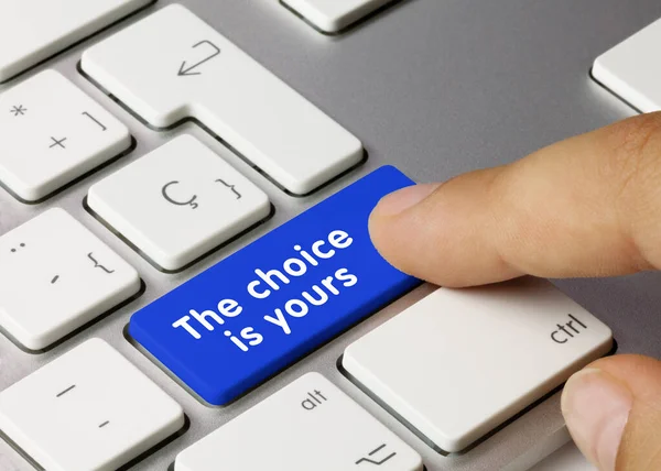 Выбор Вами Написано Голубой Клавише Металлической Клавиатуры Нажатие Пальца — стоковое фото