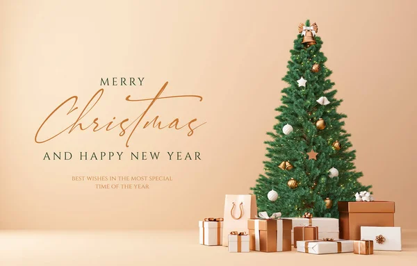 Mutlu noel tebrik kartı şablonu, ağacın altında altın ve beyaz hediyeler ve krema arka planında. Xmas ve mutlu yeni yıl el ilanları tasarımı 3B görüntüleme