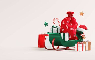 Noel Baba kızağı ile Noel indirimi şablonu ve tarafsız bir arkaplanda hediyeler ve üç boyutlu illüstrasyon ile kopyalama alanı
