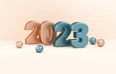 Metalik sayılar ve gerçekçi 3D yorumlama ile 2023 yılbaşı uçuşu arkaplanınız kutlu olsun.