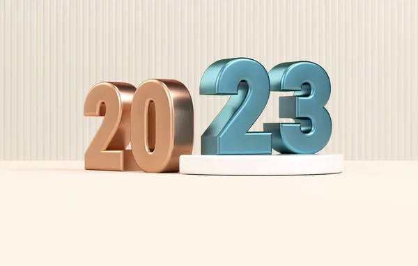 Щасливий Новий Рік 2023 Мінімалістичний Банерний Шаблон Металевими Номерами Реалістичному — стокове фото