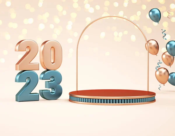 2023 Product Stand Podium Metallic Numbers Balloons Product Display Illustration — Stock Photo, Image