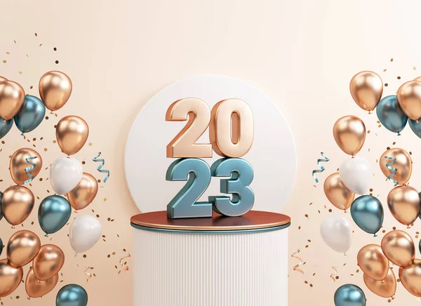2023 Festive Flyer Background Metallic Numbers Podium Gold Balloons Copy — Stock Photo, Image