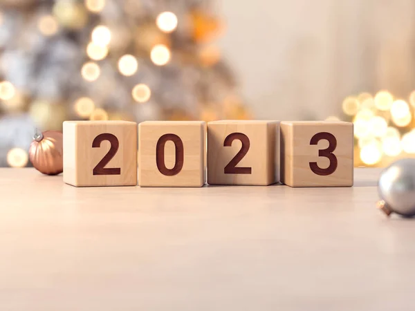 New Year 2023 Card Numbers Wooden Cubes Christmas Home Scene — Stock Photo, Image