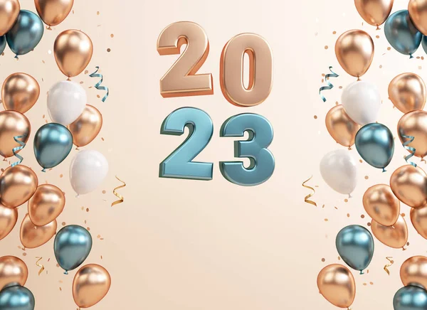 2023 Festive Banner Template Floating Numbers Gold Balloons Text Space — Stock Photo, Image