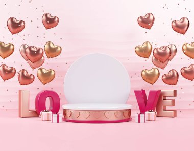 Valentines Day podium background with heart balloons, copy space and festive stuff for product display in 3D illustration