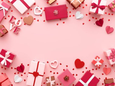 Valentines elegant greeting card template with gifts and hearts on a pastel pink background. Romantic Valentine for flat lay banner design in 3D rendering