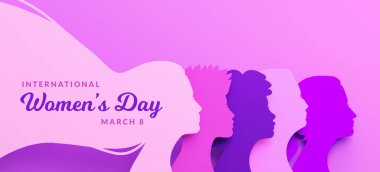 Kağıt kesim ve fotokopi alanında farklı kadın yüzlerinin siluetleri olan Kadınlar Günü posteri, üç boyutlu illüstrasyon. Feminizm için kadınlar, bağımsızlık, kardeşlik, güçlendirme, kadın hakları için aktivizm