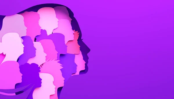 Bir kadının yüzünde çok ahlaklı kadın yüzü siluetleri olan Kadınlar Günü ilanı, üç boyutlu illüstrasyon. Feminizm için kadınlar, bağımsızlık, kardeşlik, güçlendirme, kadın hakları için aktivizm