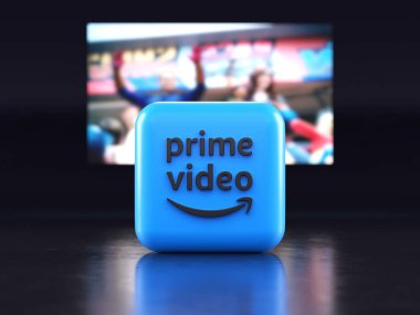 Valencia, İspanya - Mart 2023: Amazon Prime Video uygulama logosu TV ekranı önünde, ikon ise 3 boyutlu illüstrasyon. Amazon Prime Video, tüm dünyada yayınlanan bir televizyon ve film sağlayıcısıdır.