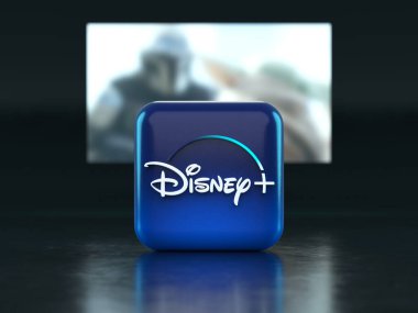 Valencia, İspanya - Mart 2023: Disney + uygulama logosu TV ekranının önünde, ikon 3 boyutlu illüstrasyon. Disney plus, dünya çapında bir televizyon ve film sağlayıcısıdır.
