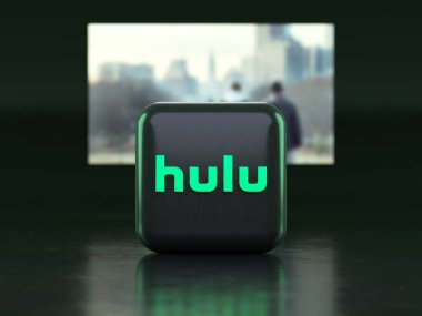 Valencia, İspanya - Mart 2023: Bir TV ekranının önünde Hulu uygulama logosu, 3 boyutlu resimleme simgesi. Hulu bir dizi ve film sunucusudur.