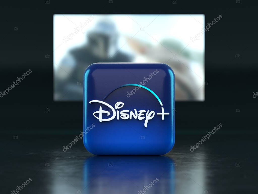 Valencia, Spain - March, 2023: Disney plus app logo in front of a TV screen, icon in 3D illustration. Disney plus is a global provider of streaming movies and TV series