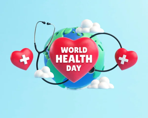 World Health Day banner background with planet Earth, a stethoscope, red hearts and text in 3D cartoon illustration. Global health awareness day celebrated every year on 7th April