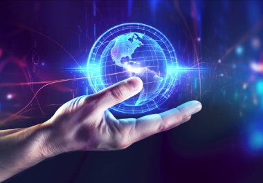 El, gelecekteki bir hologramı ve yapay zeka teknolojisinin hayatımızı nasıl değiştireceğini, insan ve yapay zeka konsepti, makine öğrenmesi ve gelecekteki teknoloji geçmişimizi nasıl değiştireceğini gösteriyor.