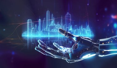Yapay zeka, robot el fütüristik bir şehir ve yapay zekanın insan ve ai kavramı ile bütünlüğü, makine öğrenimi ve gelecekteki teknoloji geçmişimizi nasıl değiştireceğini gösteriyor.