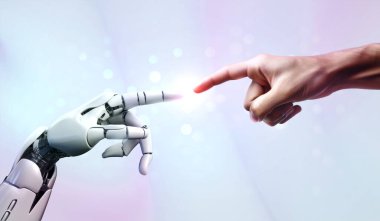 Yapay zeka, insan, robot ve insan eli tarafından yaratılan yapay zeka, insan ve ai kavramı, makine öğrenme ve gelecekteki teknoloji geçmişi ile birleşiyor ve birbirine dokunuyor.