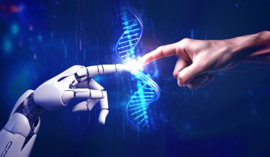 Robot ve insan eli bir DNA zincirine, insan ve makine arasındaki birliğe, yapay zekaya, makine öğrenmesine ve gelecekteki teknoloji geçmişine dokunuyor.