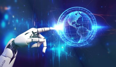 Yapay zeka, robot el dokunuşu ve dünyayı değiştirme, insan ve ai kavramı, makine öğrenme ve gelecekteki teknoloji geçmişi