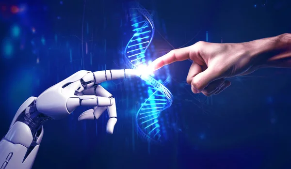 Robot and human hands are touching a DNA chain, unity between human and machines, AI, Artificial intelligence, machine learning and futuristic technology background