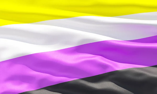 Non-binary flag closeup view background for LGBTQIA+ Pride month, sexuality freedom, love diversity celebration and the fight for human rights in 3D illustration
