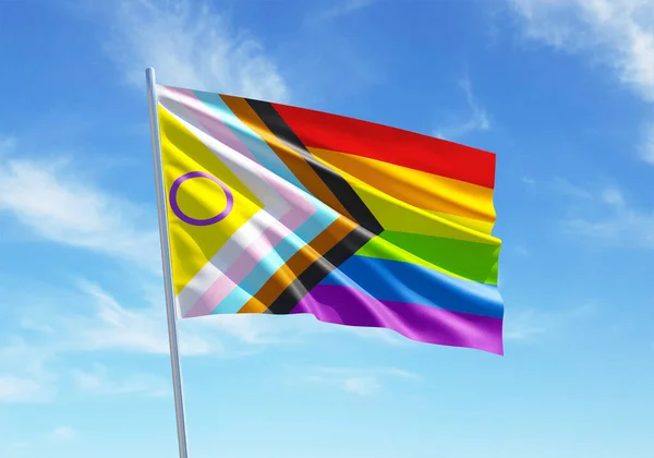 Progresso Orgulho Com Inclusão Intersexual Bandeira Arco Íris Acenando Céu — Fotografia de Stock