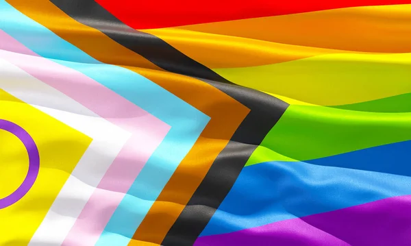 Progress Pride with intersex inclusion rainbow flag closeup view background for LGBTQIA+ Pride month, sexuality freedom, love diversity celebration and the fight for human rights in 3D illustration