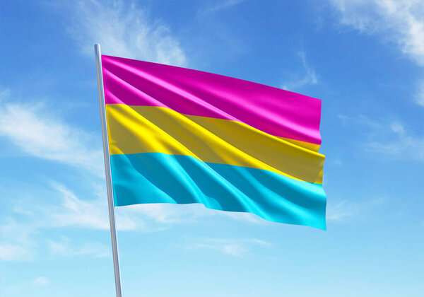 Pansexual flag waving in a blue sky background for LGBTQIA+ Pride month, sexuality freedom, love diversity celebration and the fight for human rights in 3D illustration