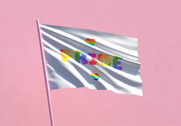 为Lgbtqia Pride月 性自由 爱的多样性庆祝和3D插图中的人权斗争 在粉红的墙壁背景上挥动骄傲彩虹旗 — 图库照片