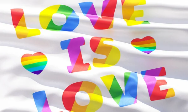 LOVE IS LOVE Pride rainbow flag closeup view background for LGBTQIA+ Pride month, sexuality freedom, love diversity celebration and the fight for human rights in 3D illustration