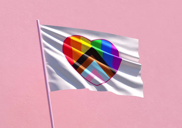 Progress Pride Rainbow Heart Flag Ondeando Sobre Fondo Rosado Para — Foto de Stock