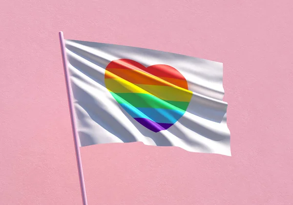 Pride Rainbow Heart Flag Waving Pink Wall Background Lgbtqia Pride — Stock Photo, Image