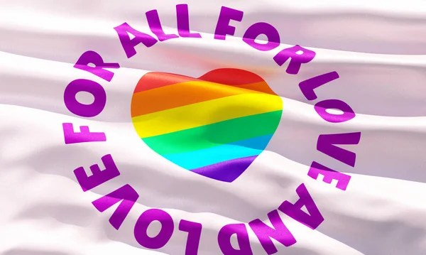 All for Love and Love for all Pride rainbow flag closeup view background for LGBTQIA+ Pride month, sexuality freedom, love diversity celebration and the fight for human rights in 3D illustration