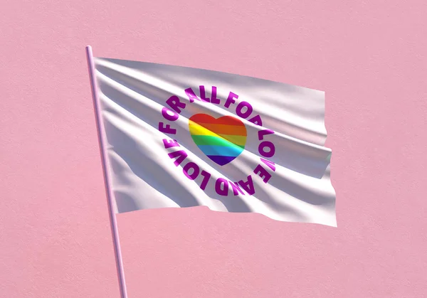 All for Love and Love for all Pride flag waving on a pink wall background for LGBTQIA+ Pride month, sexuality freedom, love diversity celebration and the fight for human rights in 3D illustration