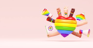 LGBTQIA + Gurur ayı, cinsellik özgürlüğü, aşk çeşitliliği kutlaması ve insan hakları mücadelesi için 3 boyutlu illüstrasyon için gökkuşağı kalbi, elleri ve kopya alanı ile gurur verici bir pankart.