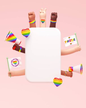 Gurur sosyal medya paylaşımı, LGBTQIA + Gurur ayı için metin kutusu ve elleri ile arka plan şablonu, aşk çeşitliliği kutlaması ve 3 boyutlu resimleme ile insan hakları mücadelesi