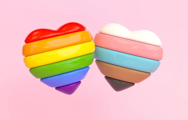 Isolated striped hearts on a pink background for LGBTQIA+ Pride month, sexuality freedom, love diversity celebration and the fight for human rights in 3D illustration
