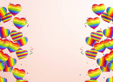 Gökkuşağı kalp balonları ve LGBTQIA + kutlaması için pembe arkaplan üzerinde metin alanı ile gurur günü pankart şablonu 3 boyutlu resimleme
