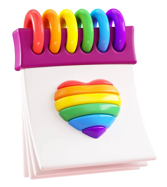 PRIDE cartoon calendar with rainbow heart isolated on a white background for LGBTQIA+ Pride month celebration. Cut out object in 3D illustration