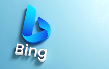 Valencia, İspanya - Mayıs 2023: Bing Chat, güçlü yapay zeka teknolojisi ChatGPT 'ye dayanan Microsoft' tan bir yapay zeka sohbet robotu. Bir yüzeyde izole edilmiş 3D logo ve kopyalama alanı